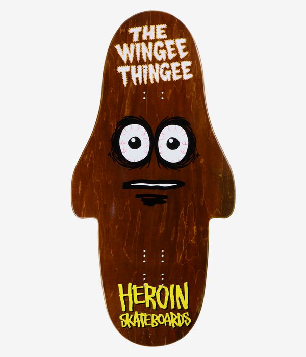 Heroin Skateboards Wingy Thingee 15.25" Skateboard Deck — full bottom view showing brown wood-grain deck with large cartoon face (white bloodshot eyes, black mouth), jagged white text at top and yellow "Heroin Skateboards" text near bottom. Clean Studio image; white background.