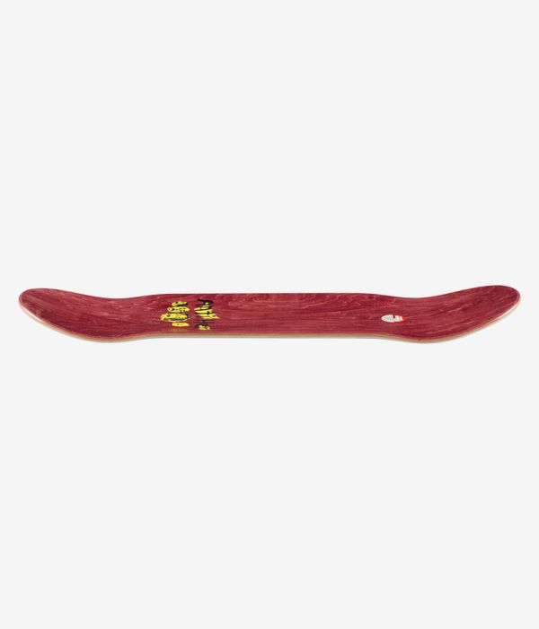 Anti Hero Doobie Expressions 8.75" Skateboard Deck, full-length profile view showing concave, upturned nose and tail; burgundy stained deck surface with small yellow graphic near center-left and natural wood edge. Clean Studio image; white background.