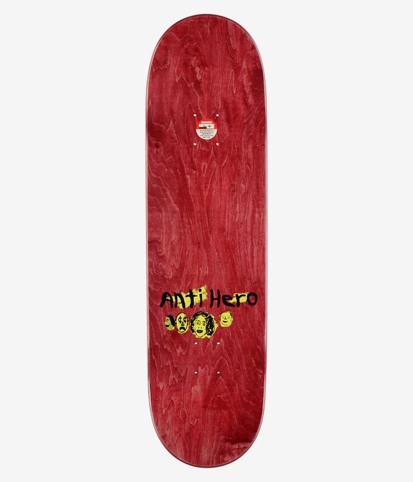 Anti Hero Doobie Expressions 8.75" Skateboard Deck, full top view — red stained wood-grain deck with small centered cartoon graphic: three yellow faces and black hand-drawn "Anti Hero" text; clean studio image, white background
