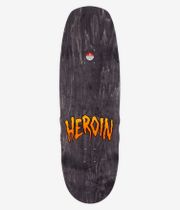 Heroin Skateboards Swampy Eyes 10" Skateboard Deck, full bottom view — black wood-grain deck with large dripping orange-yellow “HEROIN” typographic graphic centered mid-to-lower; clean studio image; white background