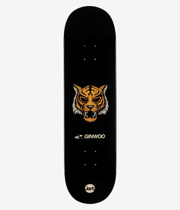 Jart Ginwoo Mask 8.25" Skateboard Deck full bottom view — solid black deck underside with a centered illustrated gold/orange and white tiger head graphic and gold "Ginwoo" wordmark; clean studio image; white background.