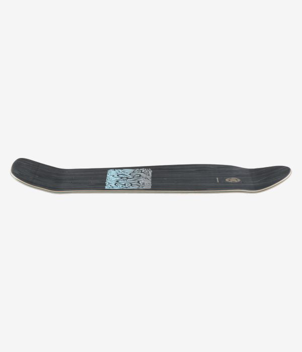 Santa Cruz Knox Firepit Reissue 10,07"-Skateboard-Deck, Profilansicht in voller Länge, die die Konkavität mit nach oben gebogener Nose und Tail zeigt; schwarze Deckoberfläche mit hellblauer rechteckiger Grafik nahe der Mitte und sichtbaren dünnen weißen Holzrandschichten. Sauberes Studiobild; weißer Hintergrund.
