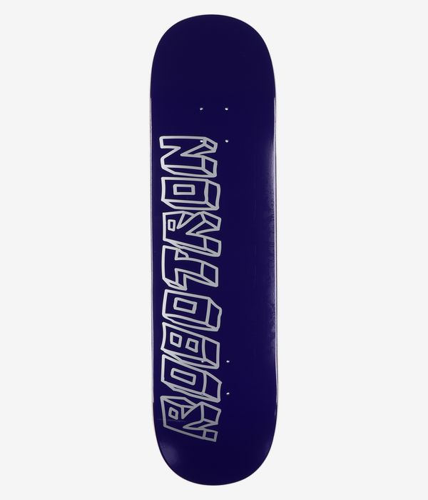 Robotron Boring Graphic 8.25" Skateboard Deck, full bottom view: navy underside with large vertical white outlined typographic wordmark reading "Boring Graphic" down center-left; clean studio image; white background