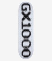 GX1000 OG Logo Blur 8.25" Skateboard Deck, full bottom view: white deck underside with a large vertical blurred black GX1000 wordmark stacked along center; bold monochrome graphic. Clean Studio image; white background.