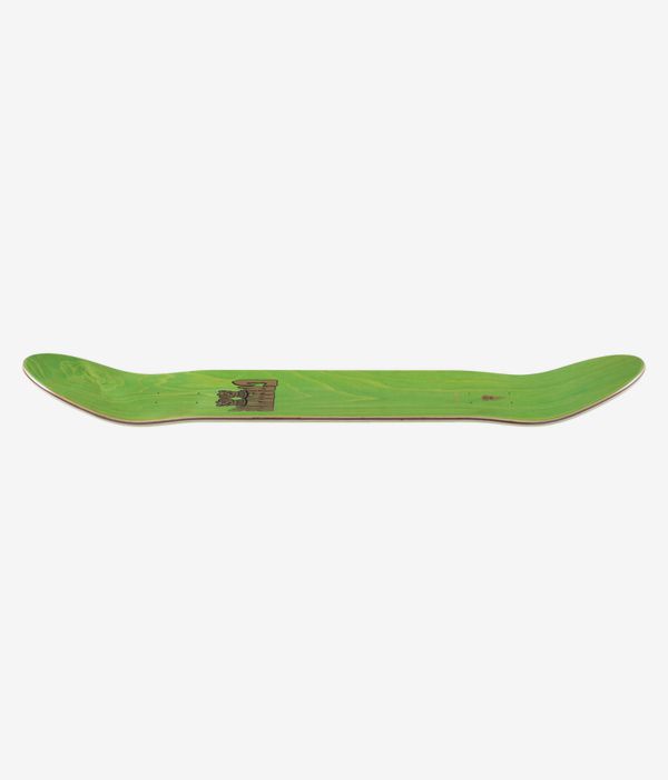 Creature Heshking Twin 8.2" skateboard deck, bright green painted surface with exposed wood edge and small black logo on center; full-length profile view showing concave, nose and tail. Clean Studio image; white background.