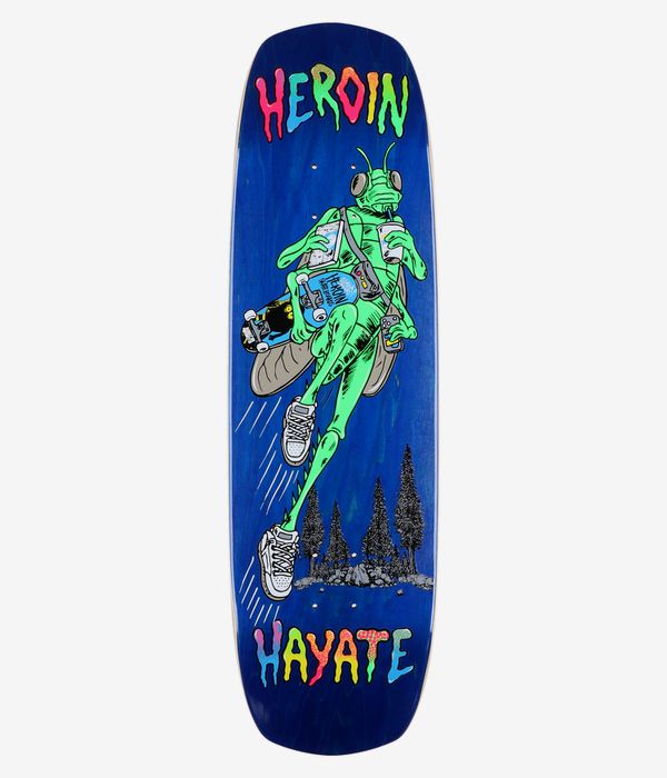 Heroin Skateboards Hayate Bug 8.88" Skateboard Deck, full bottom view: solid deep blue deck with central cartoon green insect-like character wearing sneakers, holding a skateboard and drink, black tree silhouettes and multicolored dripping “HEROIN”/“HAYATE” text. Clean Studio image; white background.