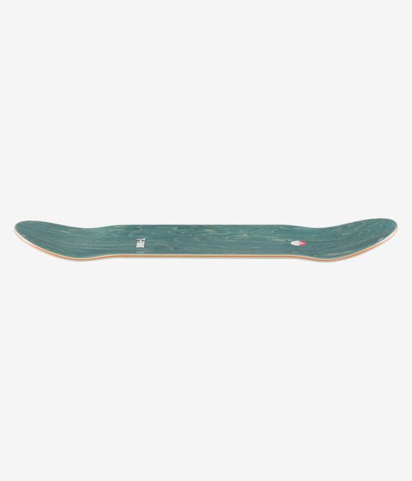 Baker T-Funk World Control 8.75" skateboard deck, full-length profile view showing concave with upturned nose and tail, teal painted top, exposed wood edges and small white logo; clean studio image; white background