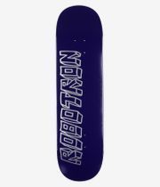 Robotron Boring Graphic 8.25" Skateboard Deck, full bottom view: navy underside with large vertical white outlined typographic wordmark reading "Boring Graphic" down center-left; clean studio image; white background