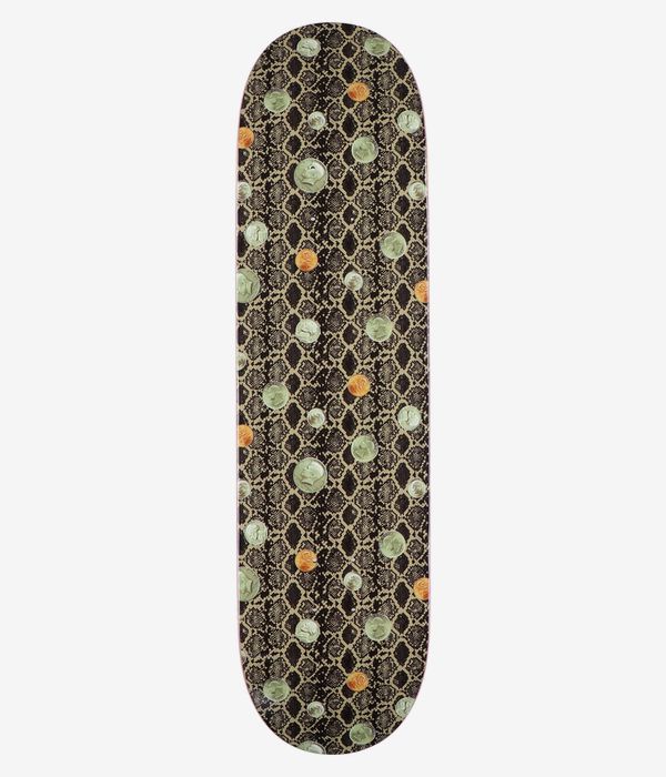 Bronze 56k Loose Change 8,25" Skateboard-Deck, Ansicht von unten: brauner, schlangenhautähnlicher Hintergrund mit verstreuten grünen und orangefarbenen Münzmotiven und schwarzen Schuppenakzenten, klares Studiobild; weißer Hintergrund