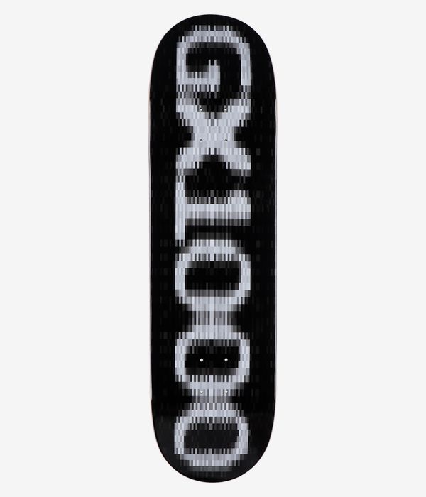 GX1000 OG Logo Blur 8.5" Skateboard Deck, full bottom view: black deck with large vertical blurred white/grey GX1000 wordmark centered; bold monochrome graphic on solid black. Clean Studio image; white background.