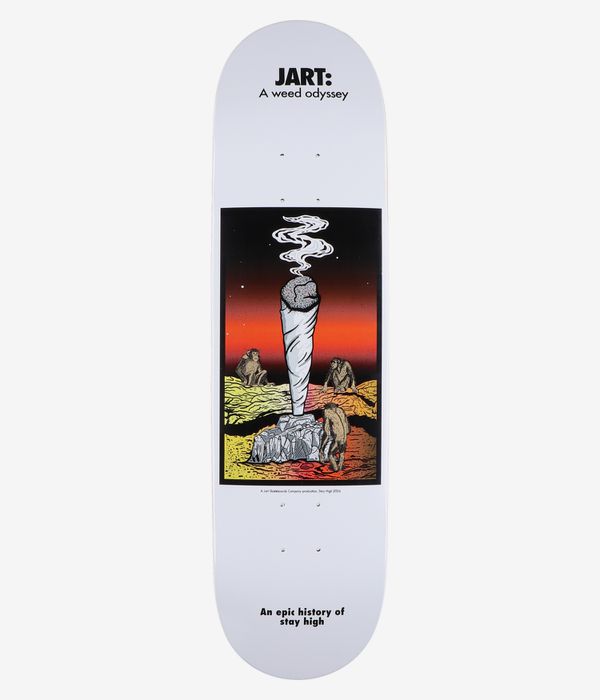 Jart Stay High A Weed Odyssey 8.25" Skateboard Deck, full bottom view — white deck with centered illustrated graphic: large smoking joint with curling white smoke, red-orange gradient sky, yellow terrain and small animal figures; top text reads "Jart: A Weed Odyssey" and lower text "An Epic History Of Stay High". Clean Studio image; white background.