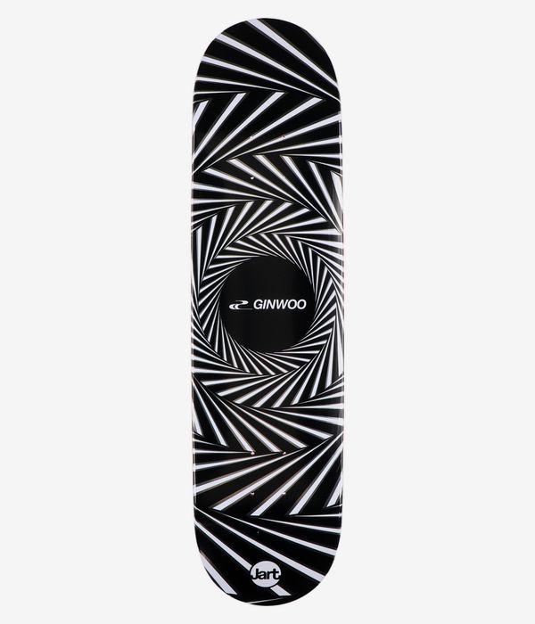 Jart Ginwoo Spiral 8" Skateboard-Deck, Ansicht von unten – schwarzes Deck mit markanter weißer geometrischer Spirale über die gesamte Länge, in der Mitte ein kreisförmiger Bereich mit der Aufschrift „Ginwoo“ und ein kleines Jart-Logo nahe dem Tail. Klares Studiofoto; weißer Hintergrund