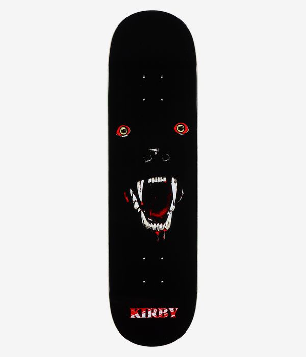 Planche de skateboard Deathwish Kirby Bloodhound 8,25", vue de dessous complète : face inférieure entièrement noire avec, au centre, un graphisme représentant un monstre agressif — dents blanches, bouche rouge et coulures de sang, yeux jaunes ; inscription « Kirby » près du tail. Image studio nette ; fond blanc.