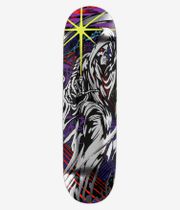 HOCKEY Kadow Reaper Ben Shape, planche de skateboard de 8,5 pouces : vue de dessous montrant la face inférieure blanche de la planche avec un graphisme audacieux : un crâne de faucheur à capuche (noir/blanc) au centre, avec un œil rouge, un rayonnement jaune au-dessus, des touches de violet et de rouge en arrière-plan, ainsi que des reflets bleus. Image studio nette ; fond blanc.