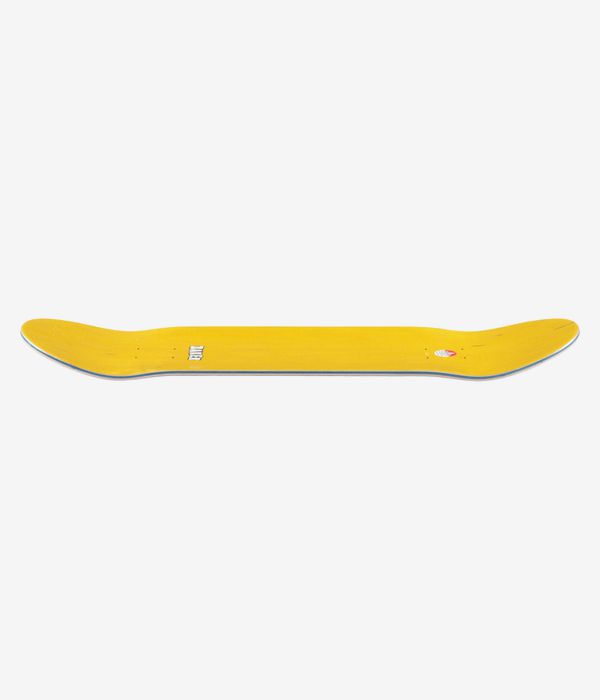 Planche de skateboard Baker Jacopo Brand Logo Tiger Stripe Twin 8,38", vue de profil sur toute la longueur montrant le concave au niveau du nose et du tail, surface d'un jaune vif uni avec un bord en contreplaqué blanc et une fine bordure bleue. Image studio nette ; fond blanc