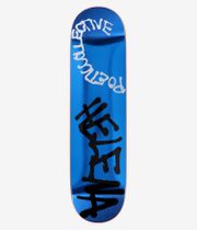 Poetic Collective Helena Spray Full 8.125" Skateboard Deck, full bottom view: metallic blue underside with bold black graffiti-style letterforms down center and white arched handwritten 'Poetic Collective' text. Clean studio image; white background.