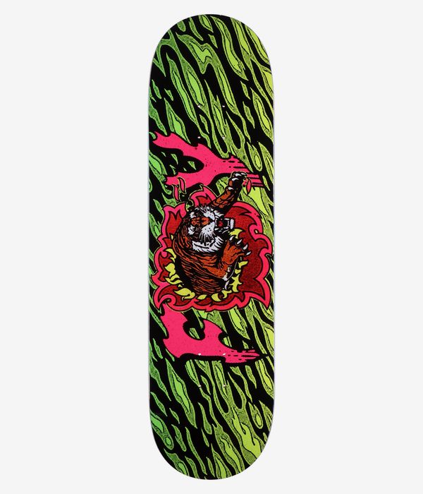 Planche de skateboard Deathwish Foy Primal Twin 8,5 pouces, vue de dessous complète : planche noire avec un fond ondulé vert fluo, grand tigre stylisé rouge-orange au centre avec des reflets blancs, encadré de flammes rose vif ; image de studio nette ; fond blanc