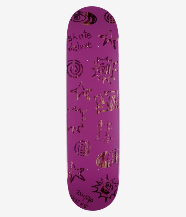 skatedeluxe Tonal Twin Tail 8" Skateboard Deck, full bottom view: solid bright pink underside with scattered hand-drawn brown wood‑grain stars, spirals and sunburst motifs and handwritten "Skate Deluxe" text. Clean studio image; white background.