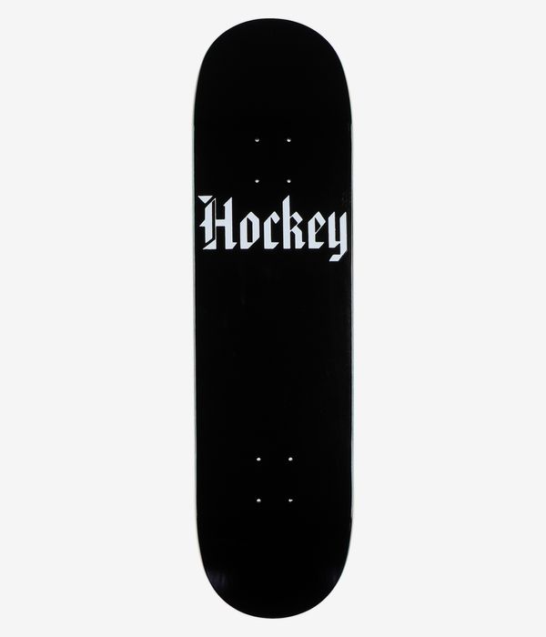 HOCKEY End Of Days Shape n° 2, planche de skateboard de 8,25 pouces, vue de dessous complète — face inférieure entièrement noire avec un grand logo blanc de style gothique centré portant l'inscription « Hockey » ; image studio nette ; fond blanc