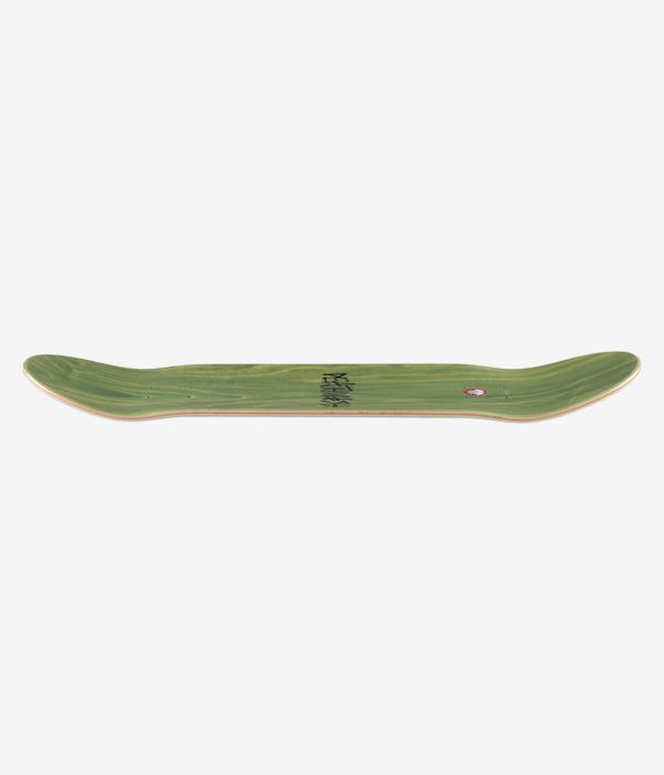 Deathwish Hayes After Dinner 8,38" Skateboard-Deck – Ansicht in voller Länge, die die grün lackierte Oberseite mit naturbelassener Holzkante und einem kleinen runden Logo in Rosa zeigt; solide Verarbeitung, konkave Nose und Tail. Sauberes Studiobild; weißer Hintergrund.