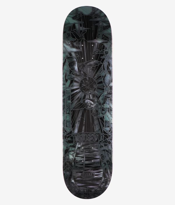Planche de skateboard Real Mason « Black Sunday Cathedral » de 8,25 pouces, vue de dessous – planche noire avec un motif illustré de style vitrail : motif central représentant un soleil, feuilles vertes aux couleurs atténuées, textures de pierre grise, logo « Real » à peine visible. Image studio nette ; fond blanc.