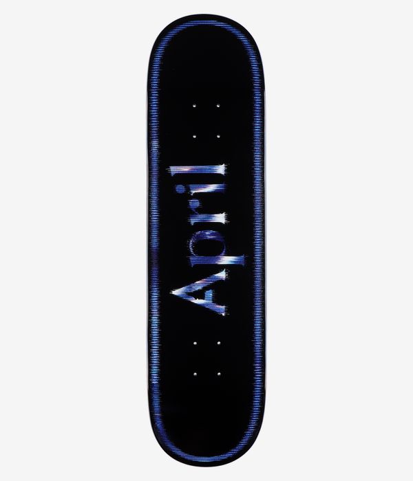 April OG Logo Twin 8.25" Skateboard Deck, full bottom view: solid black underside with vertical blue-and-white brushed April wordmark centered and iridescent blue edge border. Clean studio image; white background.