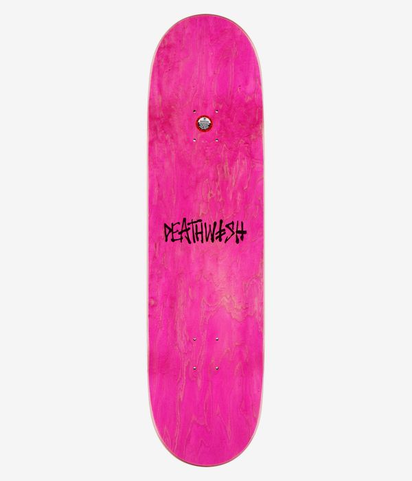 Planche de skateboard Deathwish Foy Primal Twin 8,5 pouces, vue de dessus complète : planche teintée d'un rose vif uni, présentant une texture subtile imitant le grain du bois et arborant au centre le logo stylisé « Deathwish » en noir. Image studio nette ; fond blanc.