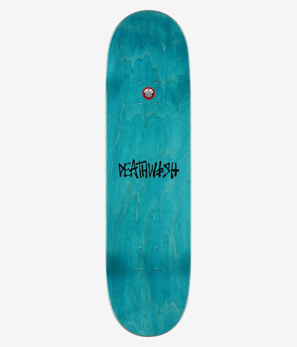 Deathwish Delfino Ritual 8,5"-Skateboard-Deck, Ansicht von oben: türkisfarben gebeiztes Deck mit Holzmaserung, in der Mitte ein schwarzer, stilisierter „Deathwish“-Schriftzug und ein kleiner weißer, runder Aufkleber mit rotem Zentrum. Klares Studiobild; weißer Hintergrund.