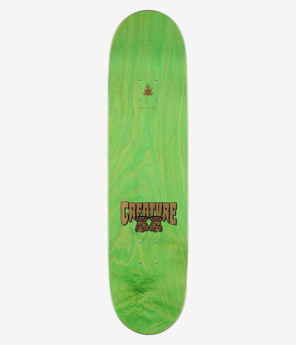 Creature Heshking Twin 8.2" Skateboard Deck, full top view: green-stained woodgrain surface with centered brown Creature logo and two small skull icons near tail; clean studio image, white background.