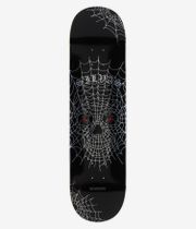 Primitive Silvas Attic 8,25"-Skateboard-Deck, Ansicht von unten – schwarzes Deck mit zentriertem, weißem Totenkopf-Motiv im Spinnennetz-Design, kleine rote Augenakzente; gut lesbare Schriftzüge „Primitive“ und „Silvas“. Klares Studiofoto; weißer Hintergrund.