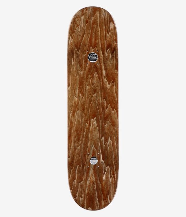 Passport Eetu Canoe 8,375" Skateboard-Deck – Gesamtansicht von oben, die die schlichte, braune Holzmaserung, die sichtbaren Befestigungslöcher für die Achsen und zwei kleine Werksaufkleber zeigt; sauberes Studiofoto; weißer Hintergrund.