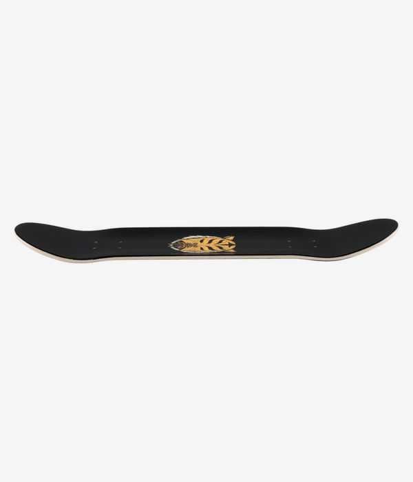 Jart Ginwoo Mask 8.25" skateboard deck, full-length profile view showing concave with upturned nose and tail, black top surface with natural wood edge strip; clean studio image; white background.