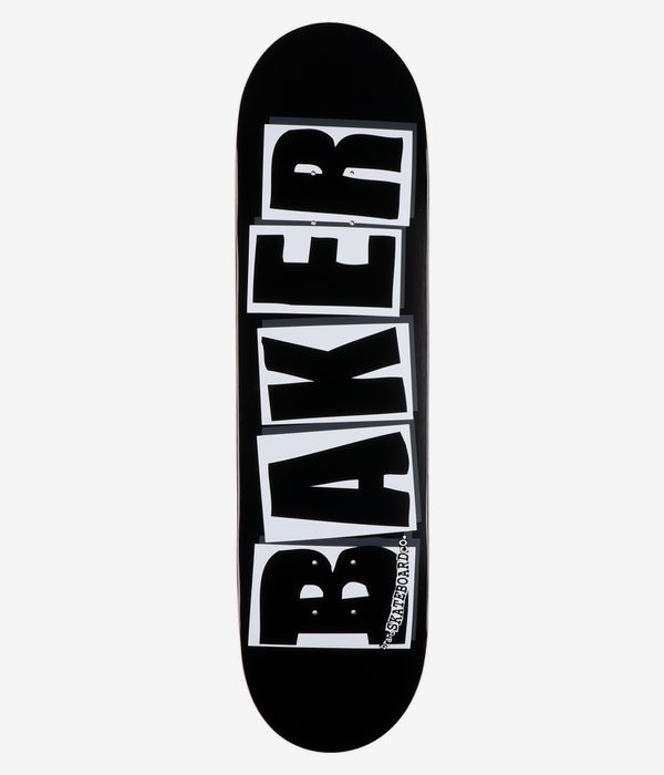 Baker Brand Logo CC 8.25" Skateboard Deck, full bottom view showing solid black underside with stacked bold black letters inside white rectangular boxes spelling 'Baker'; clean studio image; white background.