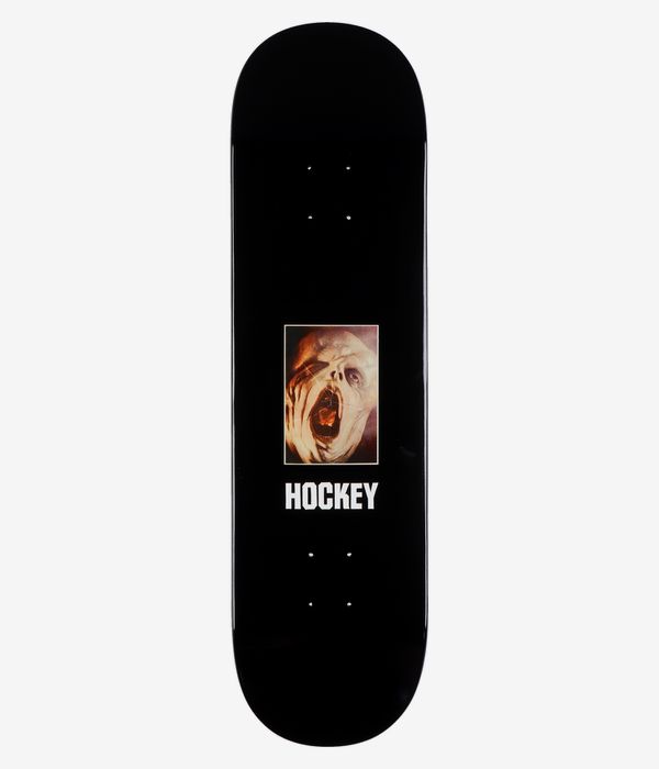 HOCKEY Rodriguez « As Is Shape #1 » 8,38 pouces – Planche de skateboard, vue de dessous complète : planche noire unie avec, au centre, un visage hurlant de style horreur illustré en beige, marron et orange, au-dessus d’un grand logo HOCKEY blanc. Image studio nette ; fond blanc.
