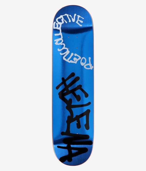 Poetic Collective Helena Spray Full 8.125" Skateboard Deck, full bottom view: metallic blue underside with bold black graffiti-style letterforms down center and white arched handwritten 'Poetic Collective' text. Clean studio image; white background.