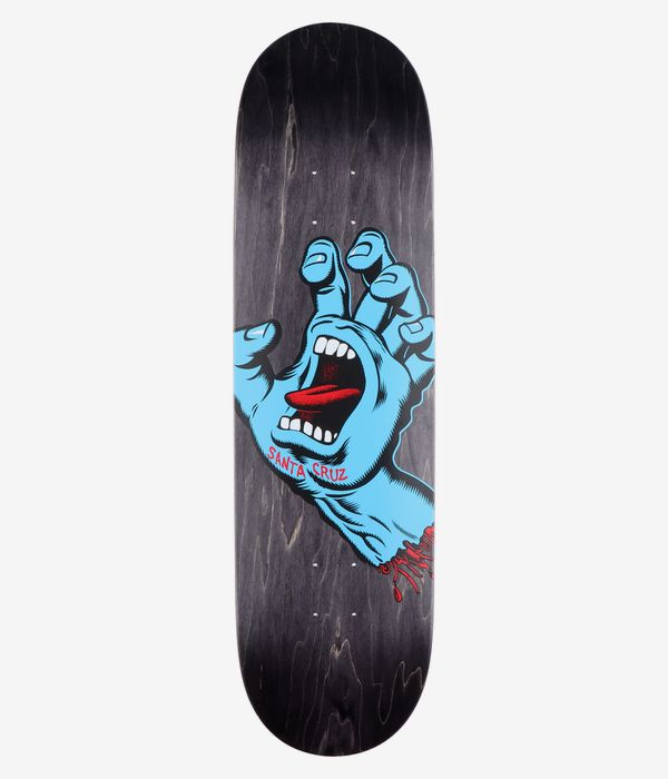 Santa Cruz Screaming Hand 8,5"-Skateboard-Deck, Ansicht von unten: schwarz gebeiztes Deck in Holzoptik mit großem blauem Cartoon-Motiv einer schreienden Hand (rote Zunge und Blut, weiße Zähne) sowie rotem „Santa Cruz“-Schriftzug. Klares Studiobild; weißer Hintergrund