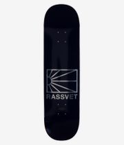 RASSVET | PACCBET Logo 8.3" Skateboard Deck, full bottom view — solid black deck with centered metallic silver rectangular sunburst logo and large 'RASSVET' text; clean studio image; white background