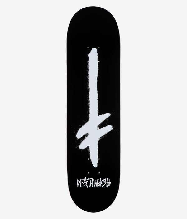 Deathwish Gang Spray CC 8,25"-Skateboard-Deck, Ansicht von unten – schwarzes Deck mit einem großen, vertikalen Logo im weißen Pinselstrich-Stil und dem weißen Schriftzug „DEATHWISH“ im Graffiti-Stil nahe dem Tail. Klares Studiobild; weißer Hintergrund