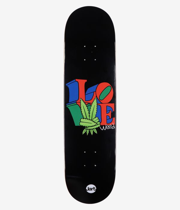 Jart Stay High Love Weed 8,25"-Skateboard-Deck, Ansicht von unten: komplett schwarzes Deck mit auffälliger Grafik im Cartoon-Stil – großes, limettengrünes, geknotetes Cannabisblatt über roten, blauen und grünen Blockbuchstaben mit der Aufschrift „LOVE“, kleiner weißer handgeschriebener Schriftzug „Weed“ und rundes Jart-Logo nahe dem Tail. Sauberes Studiobild; weißer Hintergrund.