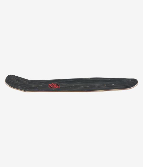 Planche de skateboard Santa Cruz Winkowski Primeval Pro Shaped 10,34" – vue de profil sur toute la longueur montrant le concave, le nose et le tail surélevés ; face supérieure de la planche principalement noire avec un petit logo rouge et un bord en bois apparent. Image studio nette ; fond blanc