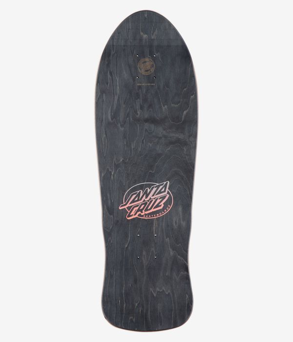 Planche de skateboard Santa Cruz O'Brien Reaper Reissue 9,85 pouces, vue de dessus complète — surface noire imitation bois avec un petit logo Santa Cruz rose et blanc centré ; image de studio nette ; fond blanc.