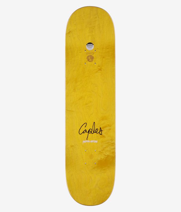Fucking Awesome Caples Embossed Photo Shape #2 8.25" Skateboard Deck, full bottom view: yellow wood-grain deck with centered black 'Caples' script, small white 'Fucking Awesome' text below and round 'Warning' sticker. Clean Studio image; white background