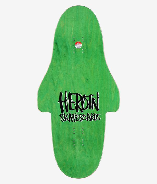 Heroin Skateboards Wingy Thingee 15.25" Skateboard Deck, full top view: bright green stained wood-grain deck with central black-and-white "Heroin Skateboards" logo and small circular sticker near the top. Clean studio image; white background.