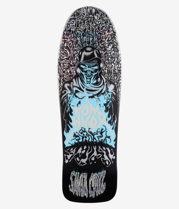 Santa Cruz Knox Firepit Reissue 10,07" Skateboard-Deck, Ansicht von unten – schwarzes Deck mit einer illustrierten Figur mit Kapuze und hellblauen Flammen, in denen kleine menschliche Silhouetten zu erkennen sind, holografische silberne und weiße Hintergrundmotive, „Santa Cruz“-Logo sichtbar. Klares Studiobild; weißer Hintergrund.
