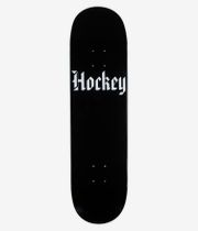 HOCKEY End Of Days Shape n° 2, planche de skateboard de 8,25 pouces, vue de dessous complète — face inférieure entièrement noire avec un grand logo blanc de style gothique centré portant l'inscription « Hockey » ; image studio nette ; fond blanc