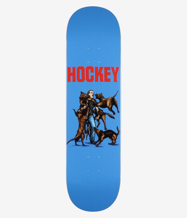 Planche de skateboard « HOCKEY Fitzgerald Incoming Shape #1 » de 8,25 pouces, vue de dessous : planche bleu clair avec un grand logo « HOCKEY » rouge en haut et, au centre, une illustration représentant un homme en chemise foncée et en jean bleu, entouré d'une meute de chiens bruns. Image de studio nette ; fond blanc.