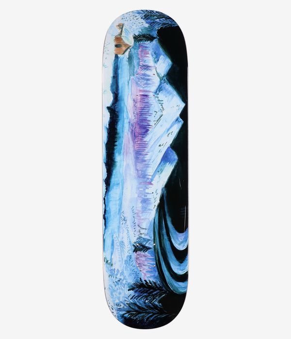 Baker Brooker Night Ross B2 8,5"-Skateboard-Deck, Ansicht von unten: überwiegend weißes Deck mit illustriertem Landschaftsmotiv in Blau, Lila und Schwarz, das Bergsilhouetten, Bäume und ein kleines hellbraunes Gebäude zeigt; klares Studiobild; weißer Hintergrund
