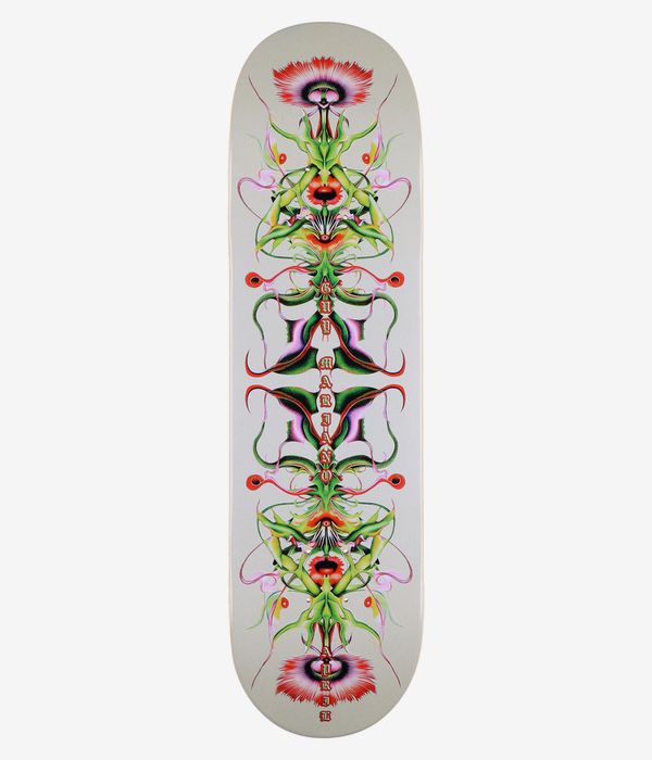Planche de skateboard April Guy Mariano 8,5 pouces, vue de dessous — face inférieure blanche ornée d'un motif floral et d'yeux illustrés en vert, rouge et rose disposés verticalement, ainsi que du lettrage « Guy Mariano » à la verticale ; image studio nette ; fond blanc