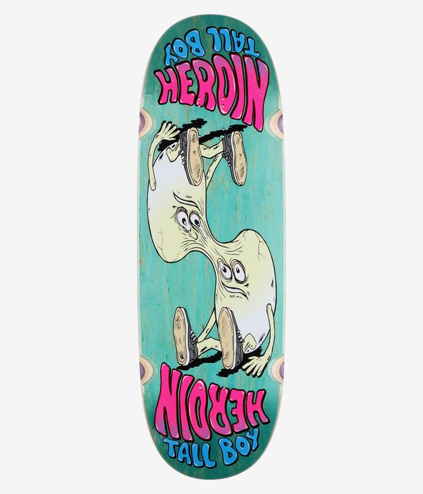 Planche de skateboard Heroin Skateboards Merged Tall Boy 10,25 pouces, vue de dessous : planche turquoise à motif bois avec des personnages de dessins animés crème en miroir, le mot « Heroin » en rose et « Tall Boy » en bleu ; image studio nette ; fond blanc.