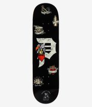 Primitive x Sublime Freedom 8,125" Skateboard-Deck, Ansicht von unten – schwarze Deckunterseite mit großem, zerbrochenem weißem Logo links, Cartoon-Geier auf einem roten Herzen, mehreren rot-orangefarbenen Herzen, Blumen und kleinen Totenkopf-/Banner-Motiven, lesbare Banner/Texte. Sauberes Studiobild; weißer Hintergrund